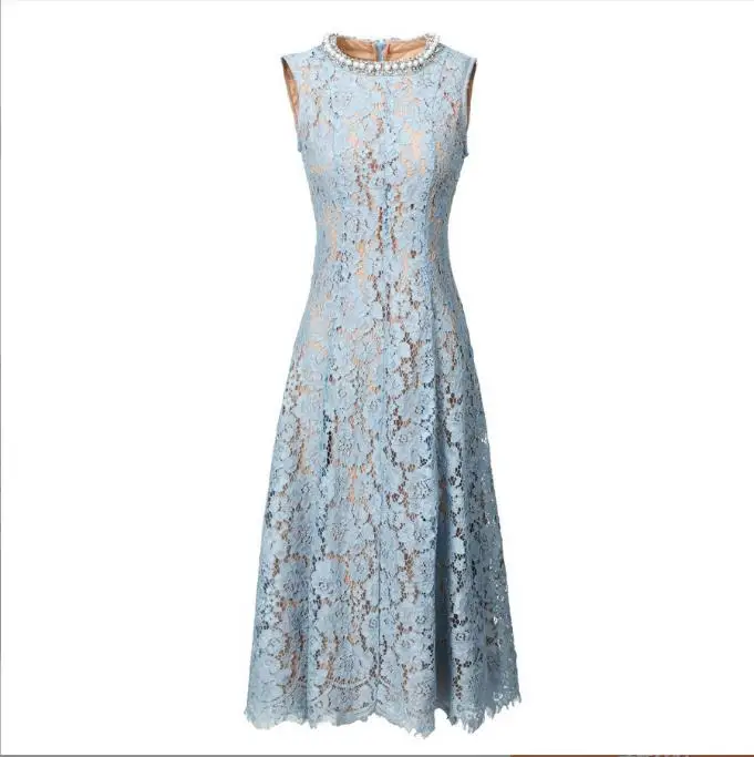 

Summer 2025 new styles of European and American women's clothing Sleeveless collar with beaded round collar Lace pleated dress