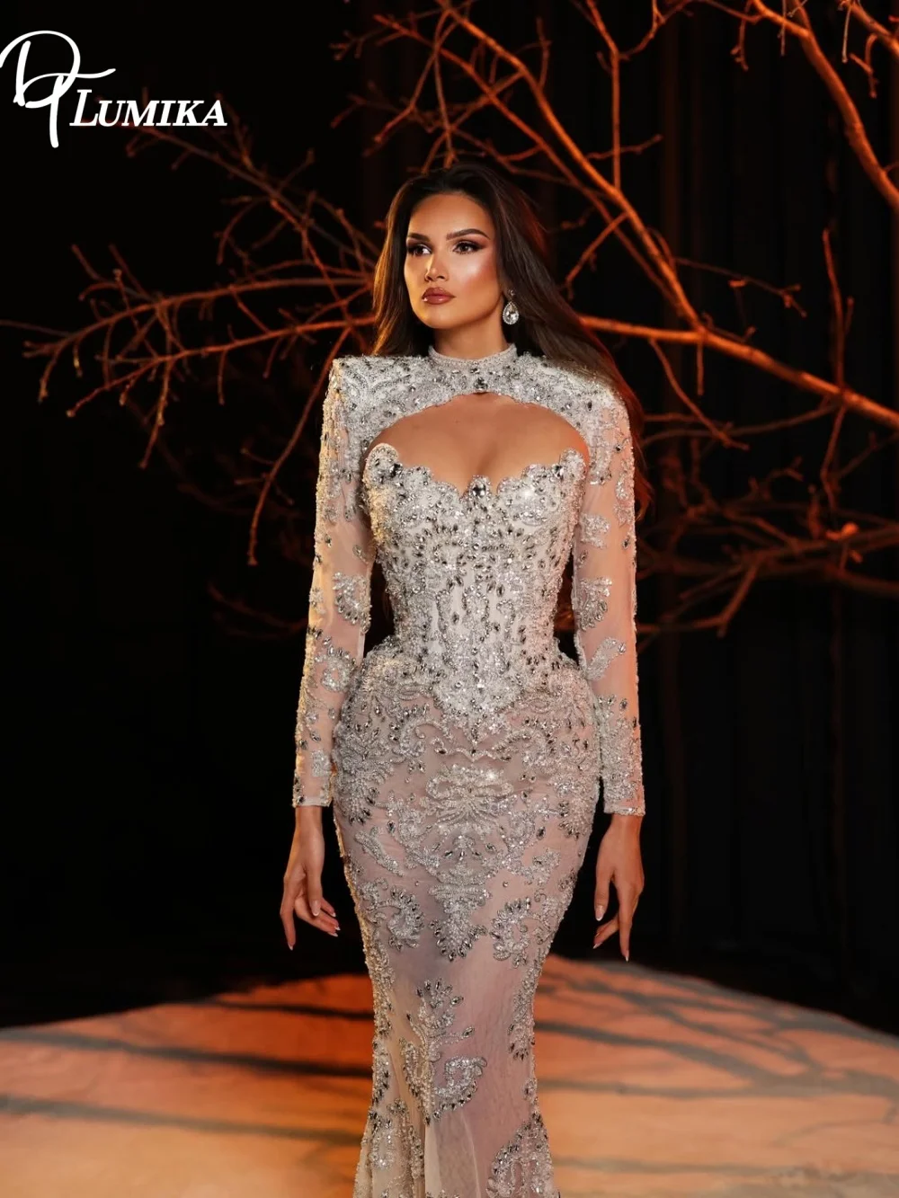 Luxury Crystal Embellished Wedding Dress Long Sleeve High Neck Bridal Gown For Bride Floor Length Customized Vestido De Novia