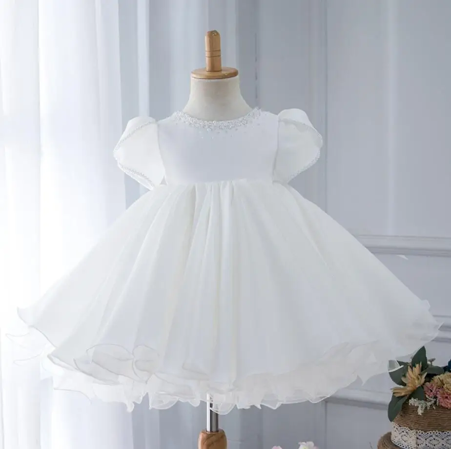 

Puffy White Lace Baby Toddler Princess Ball Gown Kids Party Pearls Tulle First Holy Communion Wedding Dresses Baptism Outfits