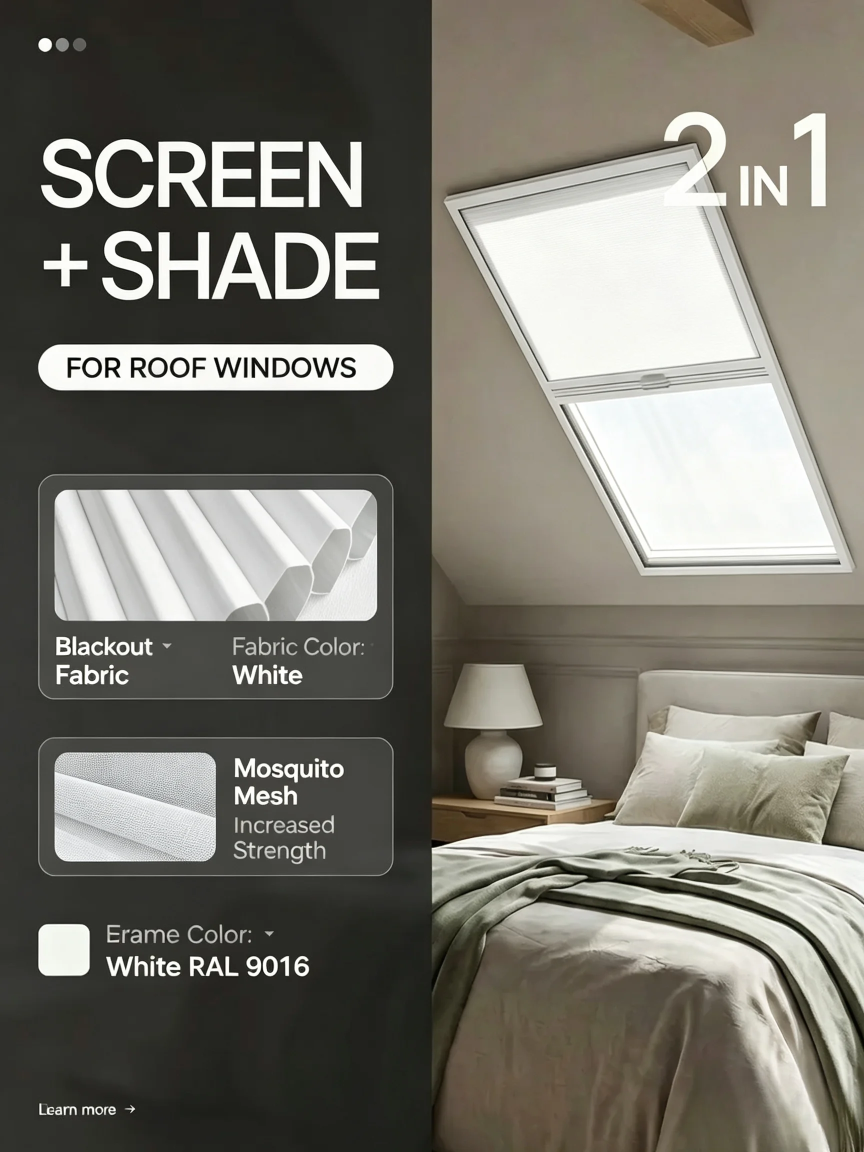 2-in-1 Pleated Shade for Mansard Skylight Window, Blackout Fabric Blind with Mosquito Insect Screen