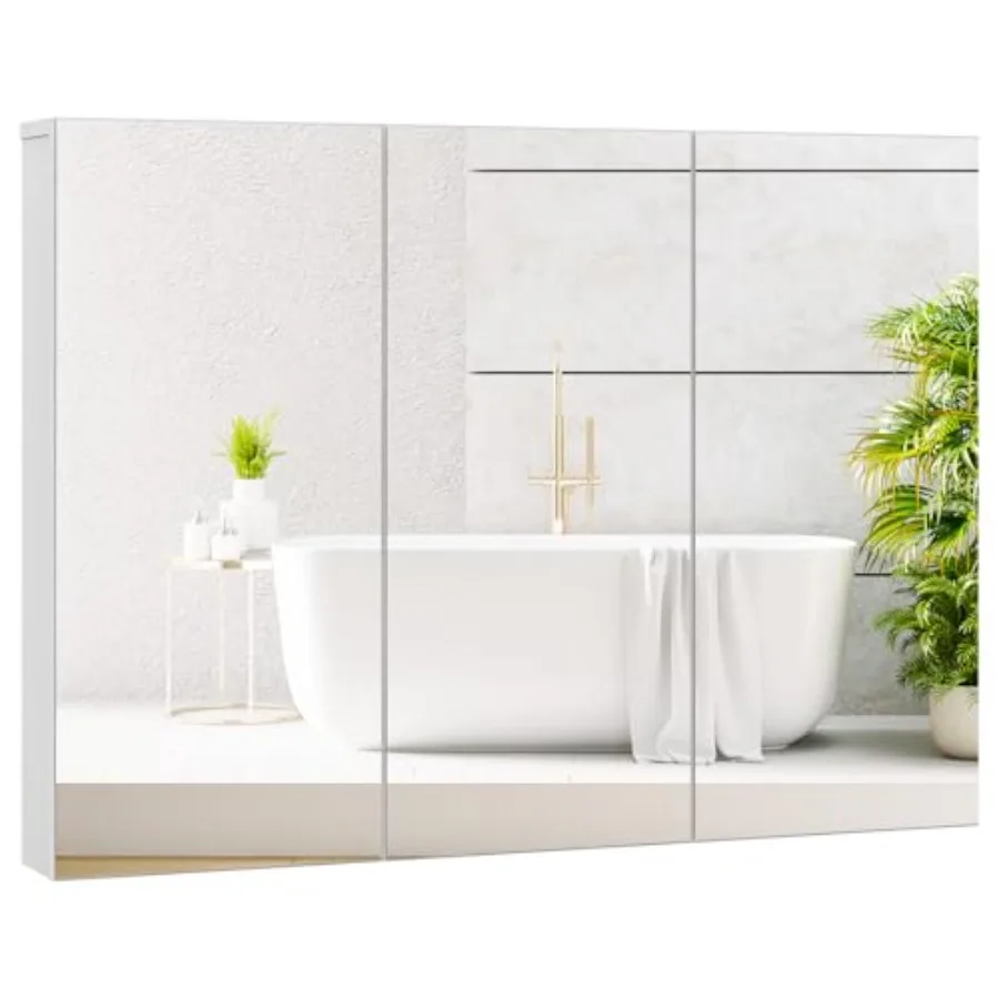 Bathroom mirrored medicine cabinet, white MDF, large wide wall-mounted storage with 3 mirror doors, hanging organizer, 34.5 x 5