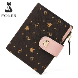 FOXER Brand Women Short Wallet PVC Leather Animal Print Standard Wallet Mini Purse Large Capacity Card Holder Zipper Coin Pocket