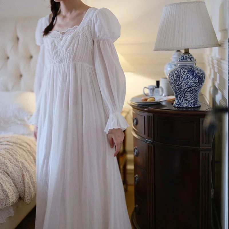 Princess White Lace Long Mid-Calf Nightgowns Spring Full Sleeves French Square Collar Nightdress Women 100% Cotton Nightie New