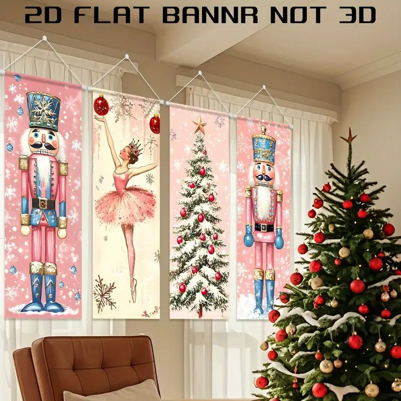 VIKAMA Pink Christmas Wall Art for Teen Girl Room, 4 Pc Vertical Banner Nutcracker Ballet Tree Star, Cute Holiday Decor