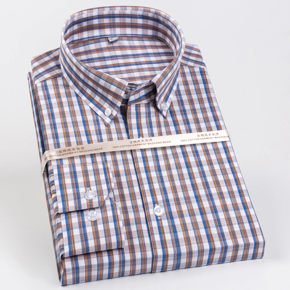 High-End Pure Cotton Non-Iron Long Sleeve Men's Shirt, Wrinkle Resistant Business Casual Plaid or Striped Button Down Pocketless