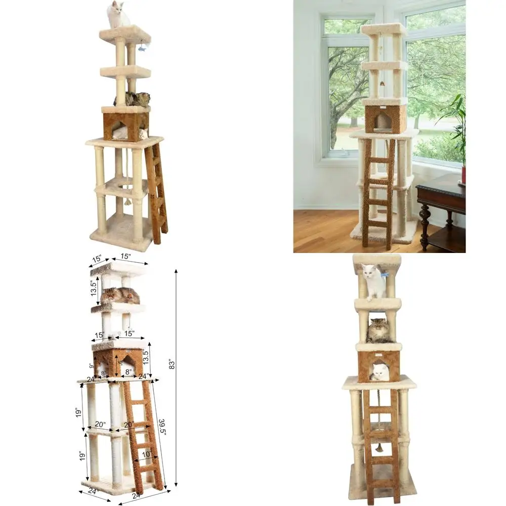 

Бежевая многоуровневая башня из настоящего дерева для кошачьего дерева, 32 л x 24 Вт x 84 часа, большой размер для кошачьих игр и отдыха