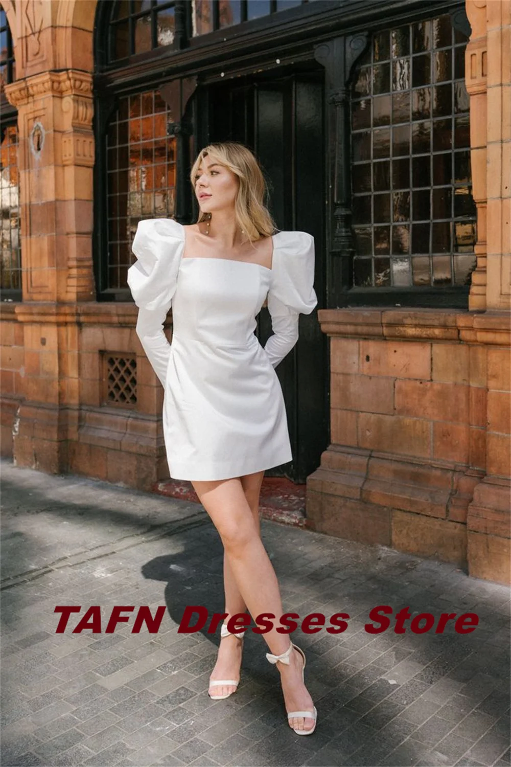 TAFN Simple Wedding Party Dresses Square Collar Long Sleeves Bridal Gown Above Knee Short vestidos de novia Customized