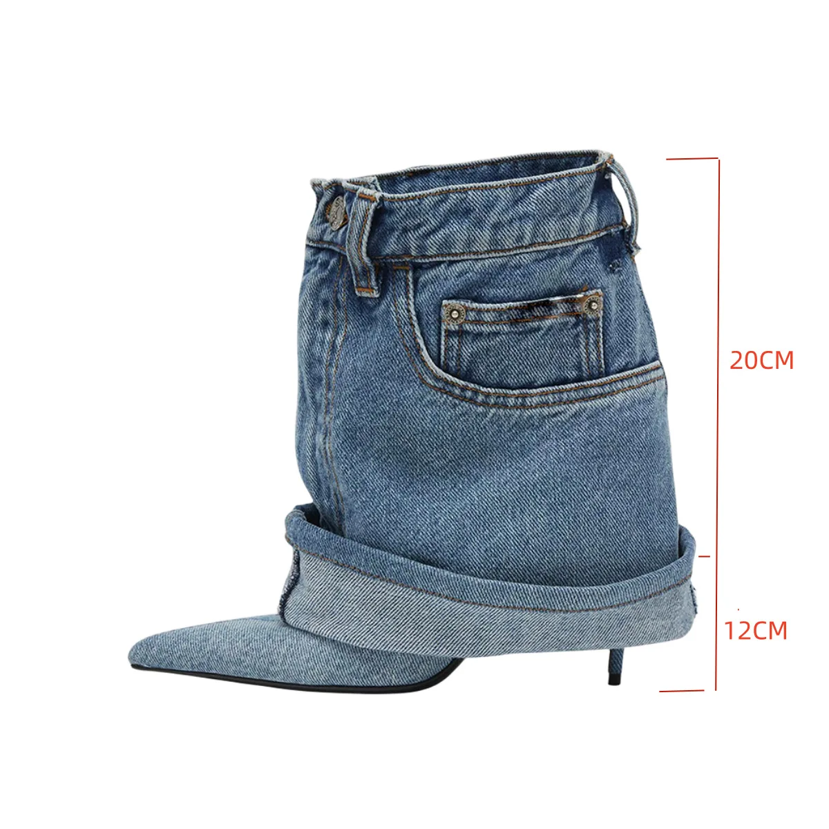 2024 new pointed toe high-heeled fashion boots washed denim short pleated pants tube high heels fine heel high heel boots
