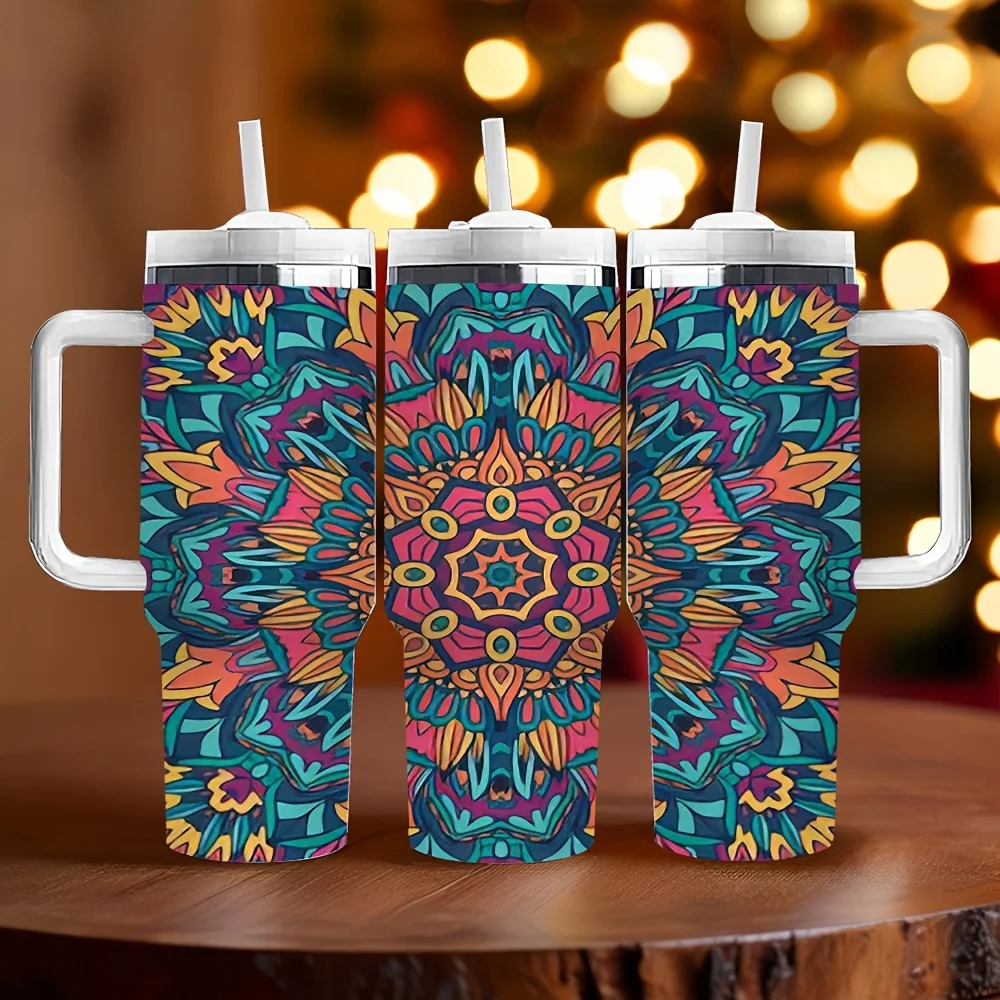 Vibrant Symmetrical Mandala Pattern Printed Tumbler with Handle And Straw for Daily Use And Outdoor Travel