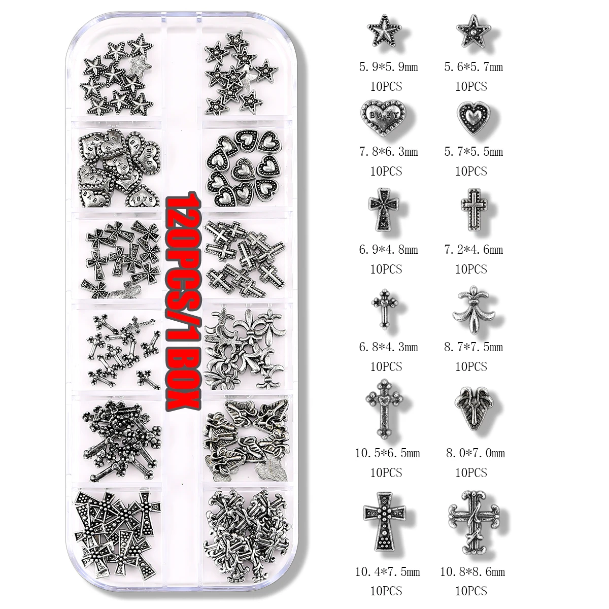 120 sztuk / 1 pudełko Europejski amerykański ciemny styl vintage krzyżowa naszywka do paznokci y2k Premium Metal Style Heart Nail Metal Decorment Set