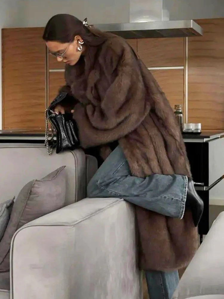 ZADORIN 120 cm Super Long luxe hiver marron fausse fourrure manteau femme élégant ceinturé revers épais moelleux fourrure veste de haute qualité manteaux