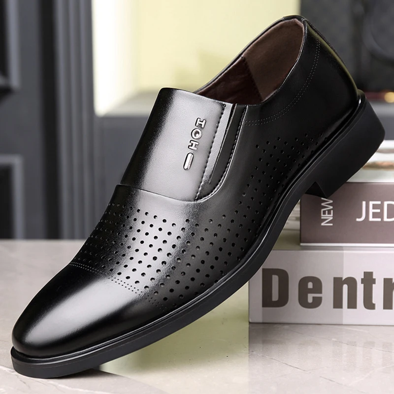 Slip on Man Shoes for Wedding Party Office Casual Business Dress shoes for Men Plus Size Summer Breathable Vent Leather Shoes