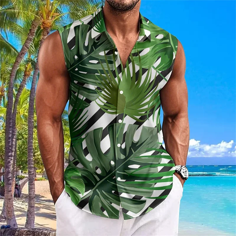 Hawaiian style men's sleeveless shirt, lightweight and breathable beach vacation casual shirt, summer new men's top.