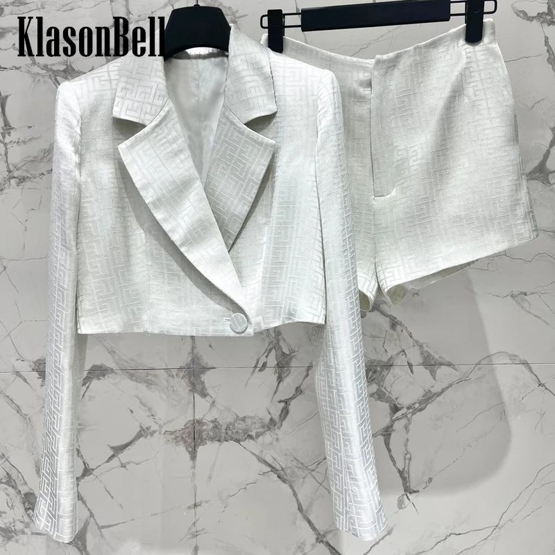 

5.27 KlasonBell Elegant Geometric Pattern Print Single Button Short Blazer Or Acetate Jacquard Shorts Thin Breathable Set Women