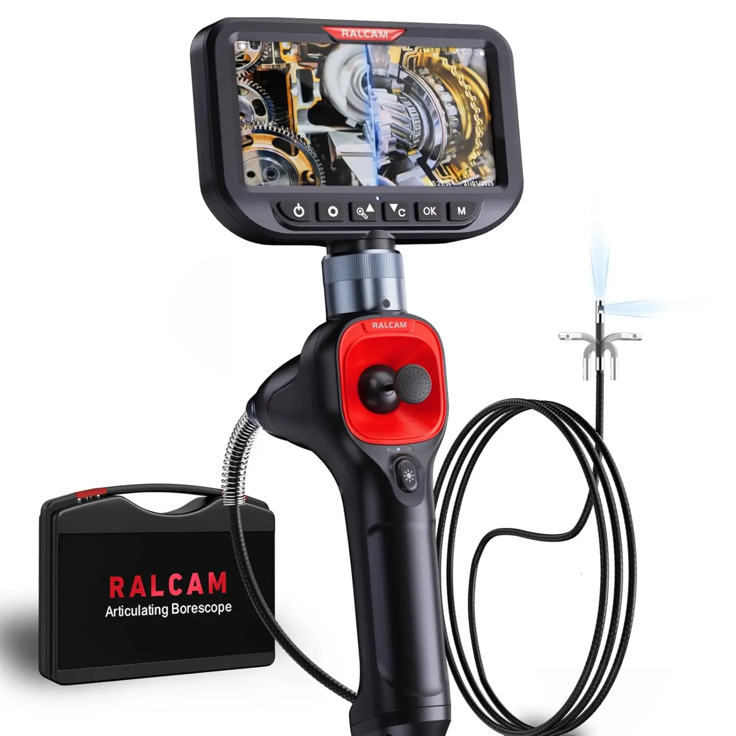 

Ralcam 360° Articulating Borescope Dual Lens 5'', Joystick 4-Way Industrial Endoscope Camera with Light, 0.25in Slim Probe Flexi