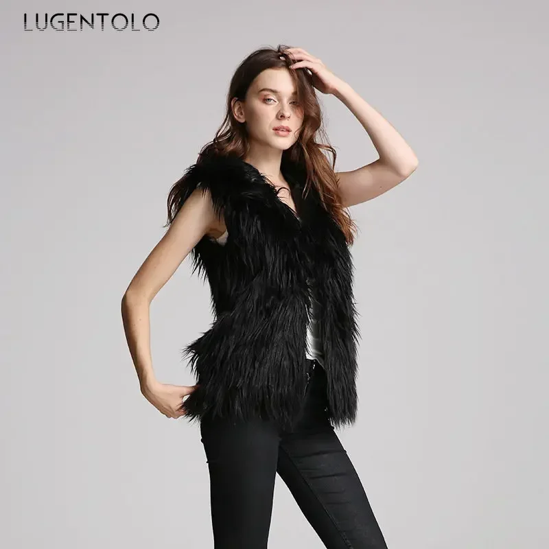 Women Sleeveless Faux Fur Vest Hooded Cardigan Autumn Winter Fashion Solid Female Elegant Large Size Faux Fur