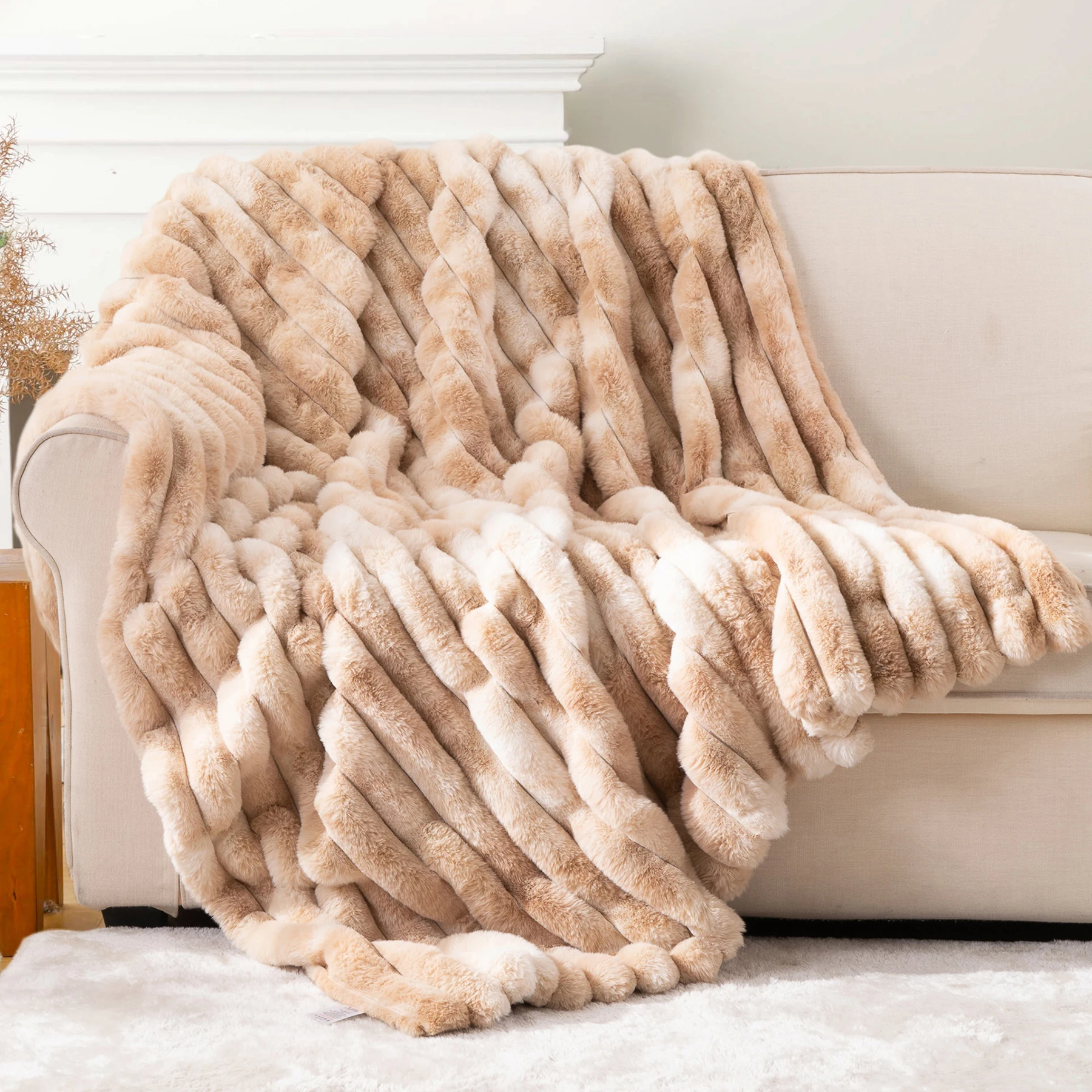 Battilo Fluffy Rabbit Fur Throw Blanket,Thick Warm Plush Striped Blanket For Living Room,Decorative Bed Throw,Home Decor,50