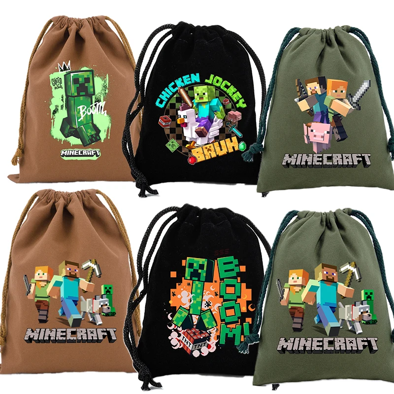 

New Game Theme Print Drawstring Gift Bag Pure Cotton Storage Bags Minecrafted Pattern Portable Storage Organize Bag Candy Pocket