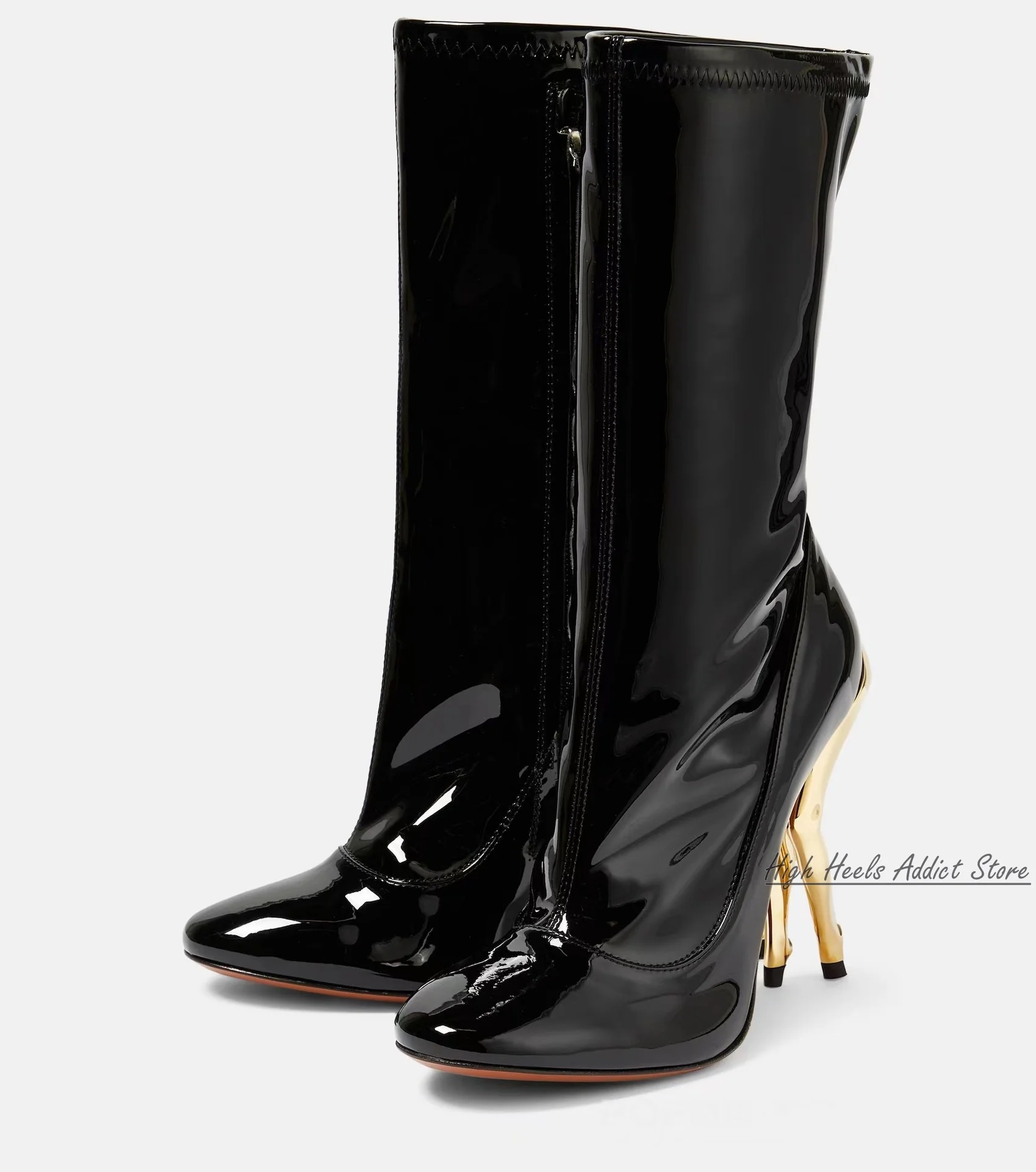 Black Sexy Gold Heeled Mid Calf Boots Patent Leather Luxury Designer High Heels Strange Lady Boot Women Winter New in Shoes