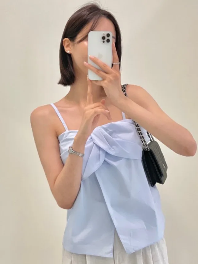 

Korean Sle ort irt Women's Strap Top Knot Cutout Design Summer Vintage Feel Length Blouse Korean Faion Trend