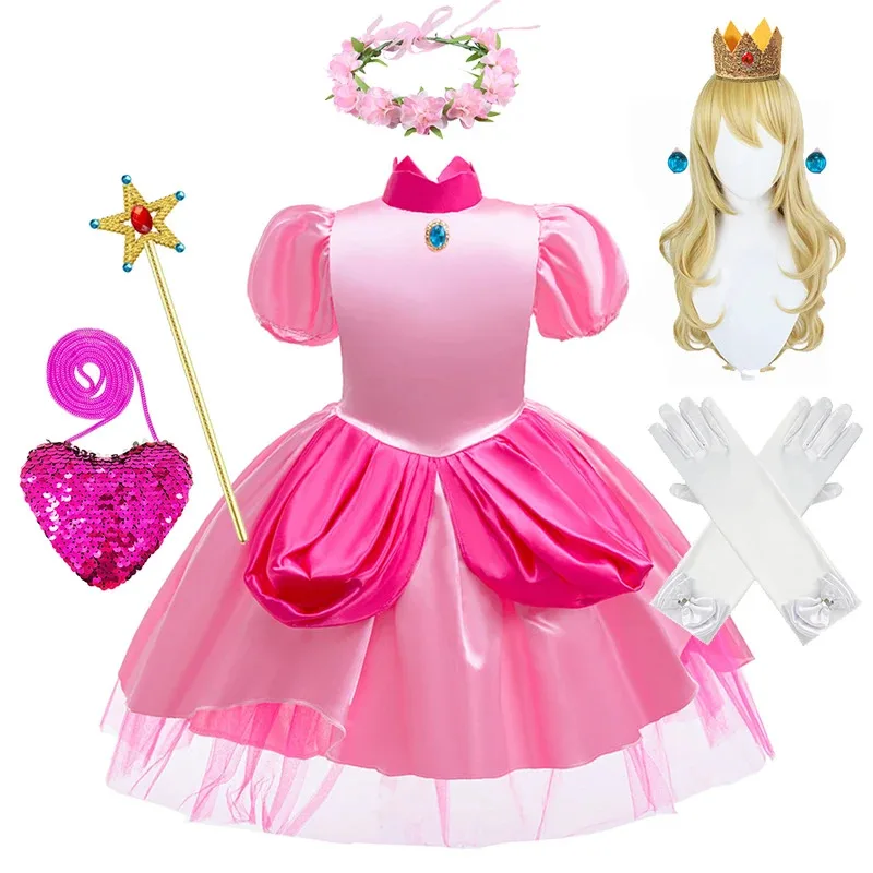 

Peach Princess Dress For Girls Cartoon Movie Role Playing Costume Halloween Party Cosplay Outfits Kids Carnival Fantasy Clothes