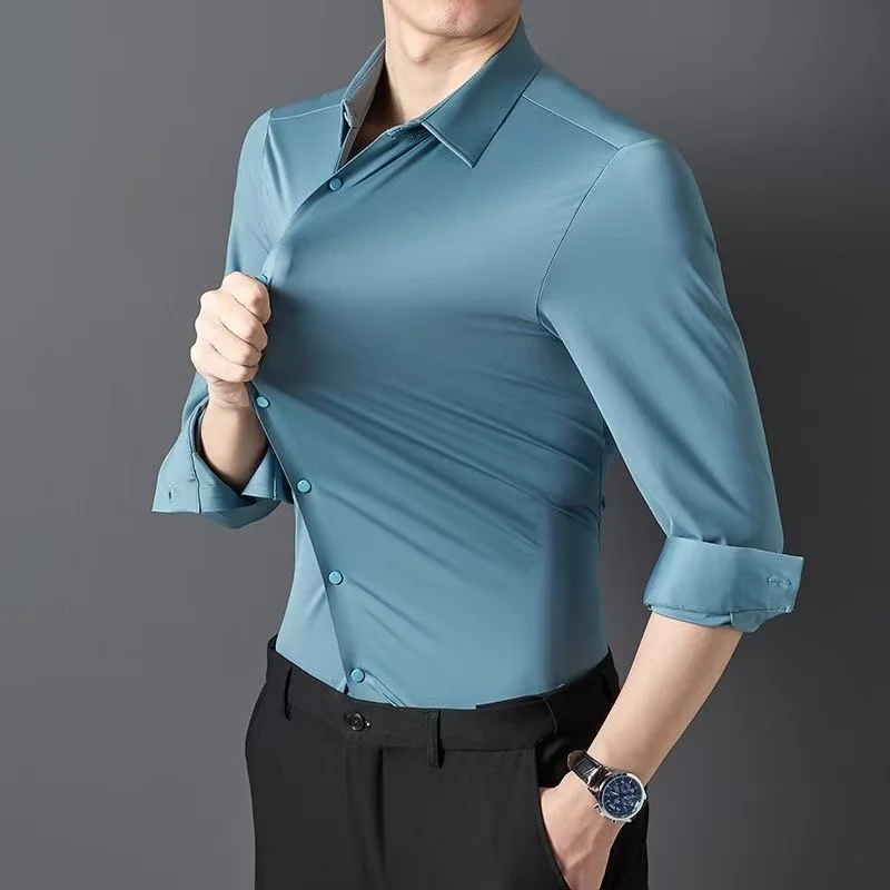 

Весенние бесшовные деловые рубашки для мужчин с длинным рукавом, высокая эластичность, шелковистая, гладкая, молодежная мода, роскошная социальная одежда без глажки