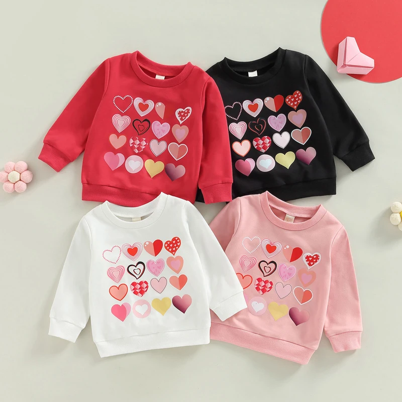 

Kids Girls Valentine's Day Outfits Sweatshirt Casual Heart Print Long Sleeve Pullover Sweatshirts Baby Sweety Sweatshirts Tops