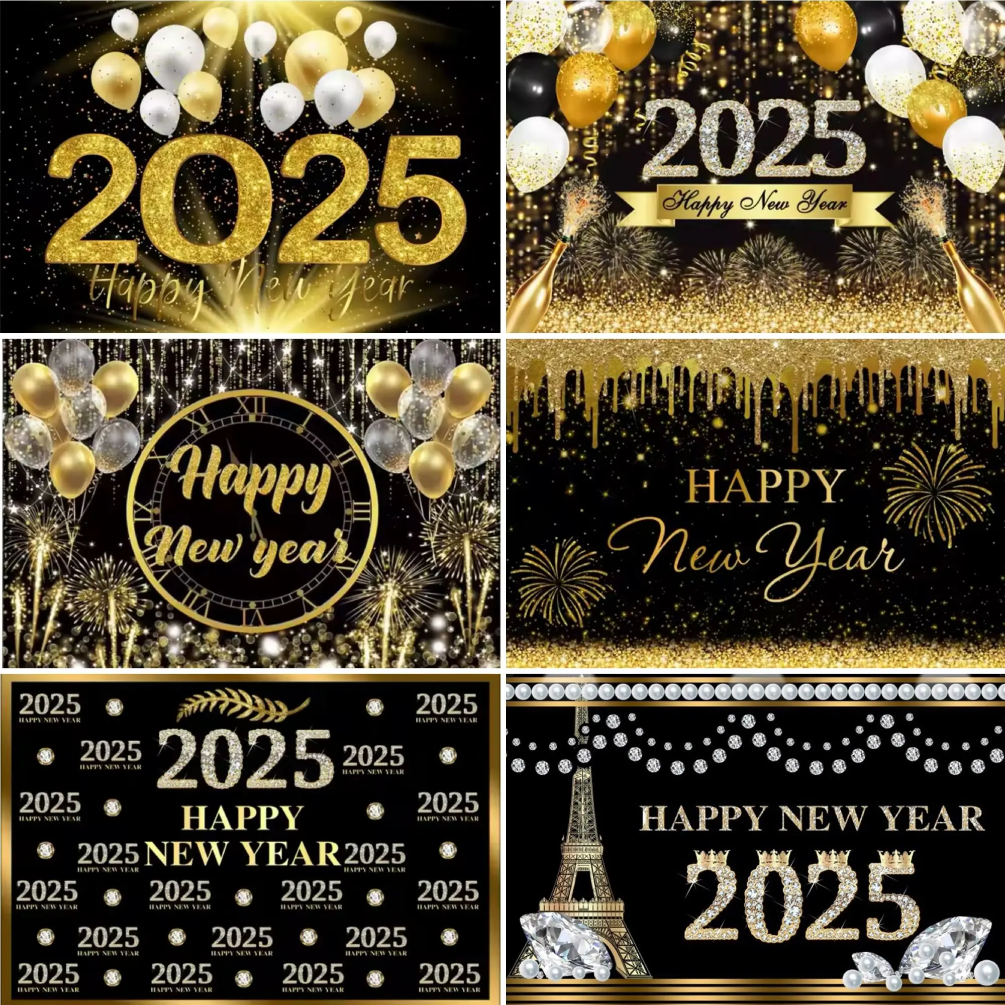 

2025 Happy New Year Theme Party Background Fireworks Clock Golden Balloon Family Party Banner Decoration Photography Background