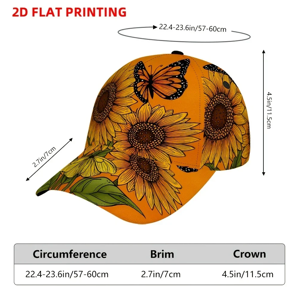 Custom 1pc Of A 2D Flat-Printed Baseball Cap Featuring Yellow Sunflowers And Butterflies, Designed With A Curved Brim. This Spor