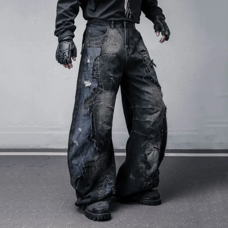 HKSH ربيع الخريف جديد الرجال الظلام نمط غسلها خمر المرقعة التطريز المتوترة حافة الجينز فضفاض واسعة الساق الدنيم السراويل HK13295