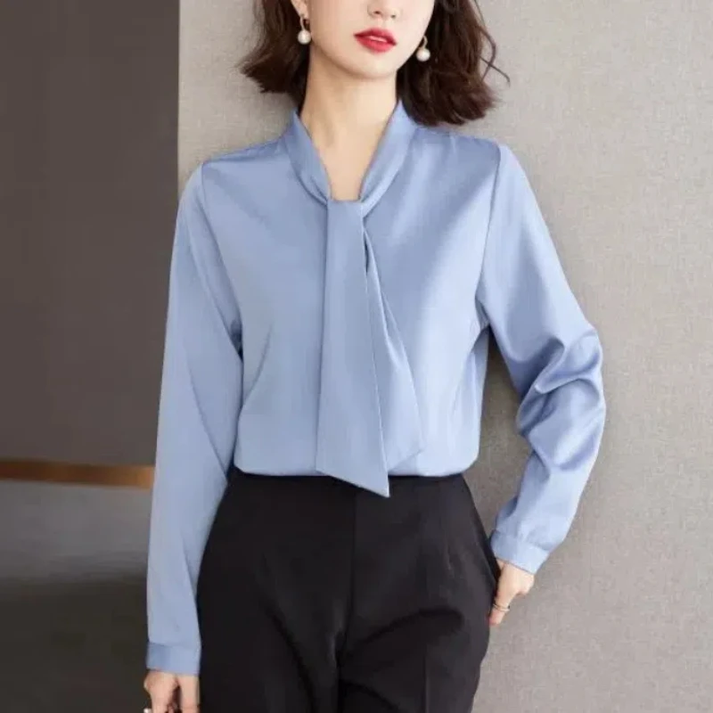 Office Lady Scarf Collar Women\'s 2024 New Patchwork Button Folds Fashion Solid Color Loose Casual Long Sleeved Blouses Shirts