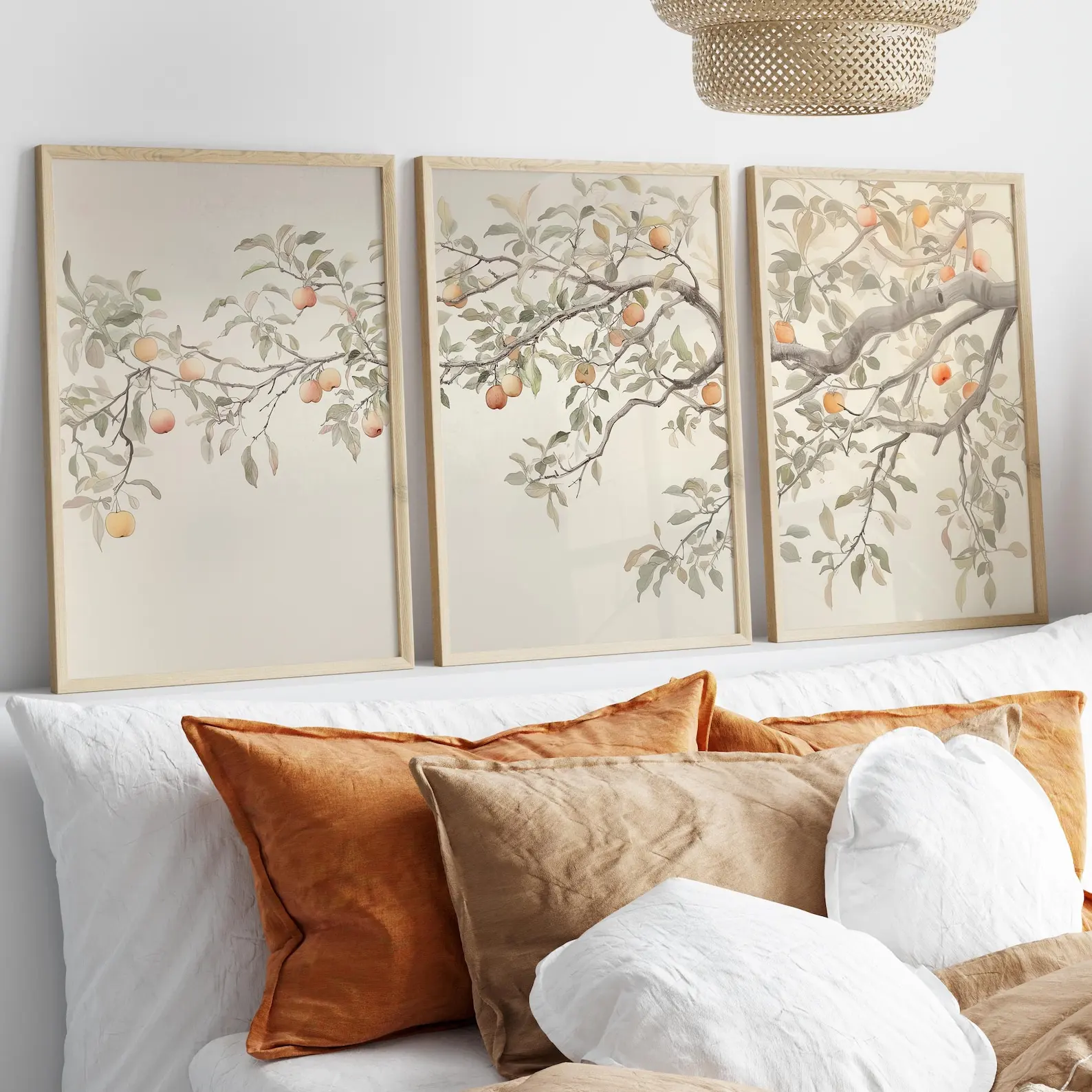 Vintage Apple Branch Wall Mural Three-Piece Set, Neutral Watercolor Poster Canvas Print, Plant Still Life Triptych - Frameless