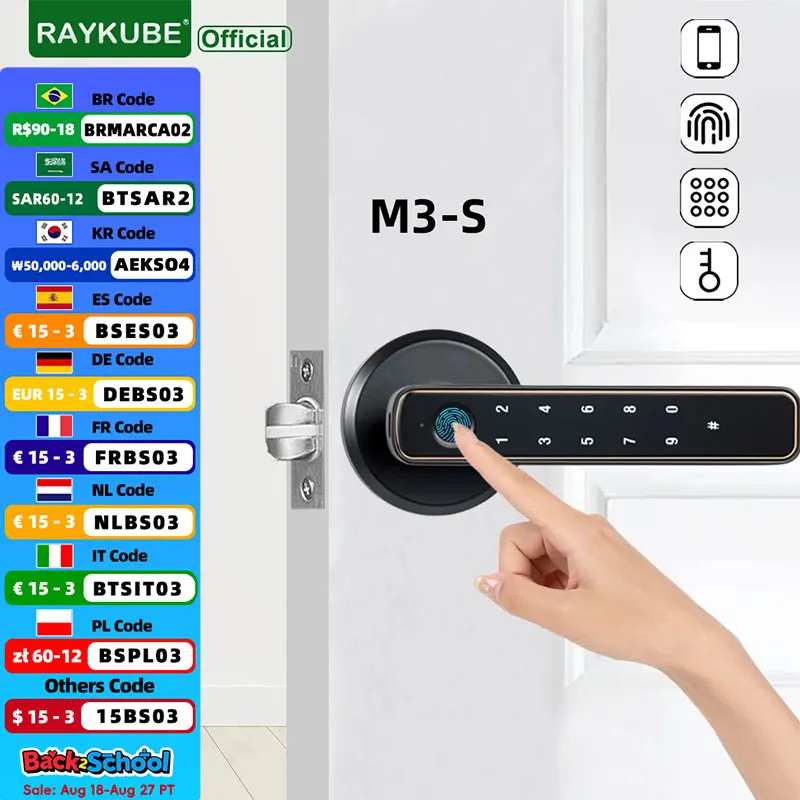 

RAYKUBE M3-S Tuya BLE умный дверной замок с отпечатком пальца электронный замок с паролем/ключом/Smartlife/Tuya приложение удаленная разблокировка для спальни