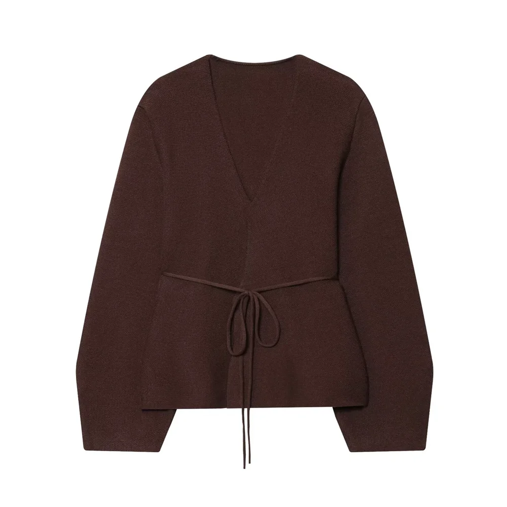 

Autumn and winter women's new casual bow belt decoration V-neck long sleeved solid color temperament slim knit cardigan jacket