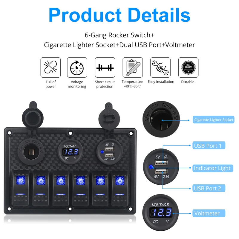 6 Gang Switch Panel Socket Digital Voltmeter LED Display Rocker Aluminum Panel 12V Power Adapter Dual USB For Car Marine Boat