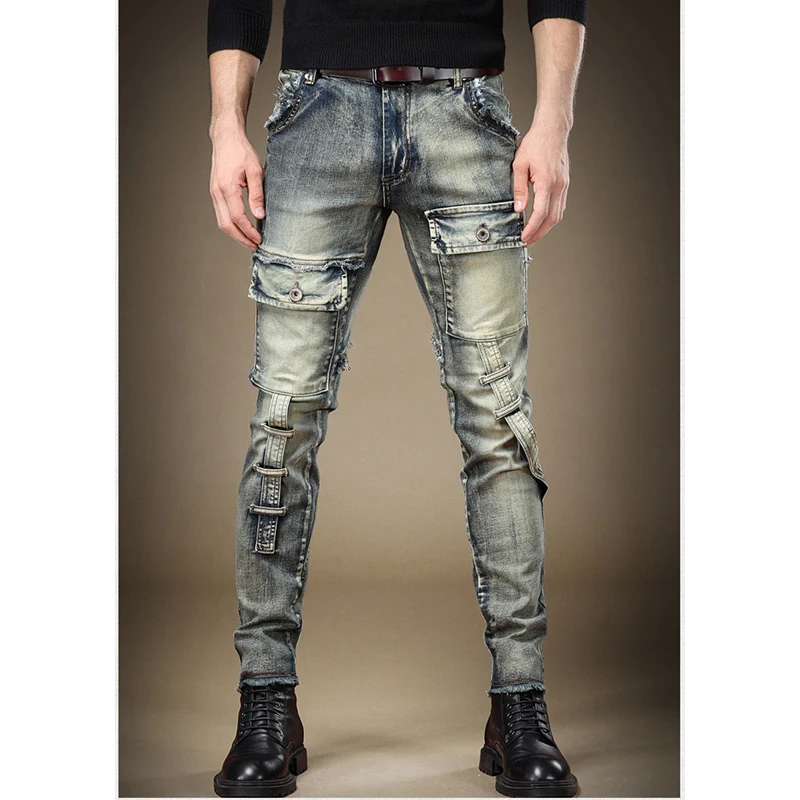 2024 Jeans da uomo Stretch Vintage lavaggio Drak pantaloni in Denim blu autunno estate Luxury Street pantaloni da uomo Slim Fit stile Hip-Hop