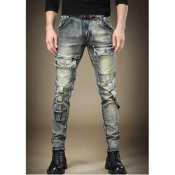 Pantalones vaqueros elásticos de estilo Hip-Hop para hombre, Jeans ajustados de lavado Vintage, color azul, Otoño y verano, 2024