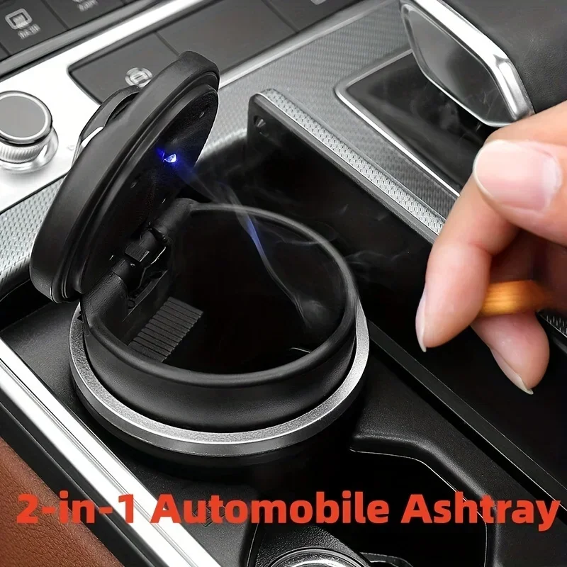 منفضة سجائر سوداء عالية المظهر، منفضة سجائر محمولة للسيارة، مصباح كوب قابل للفصل، منفضة سجائر للسيارة بلمسة واحدة