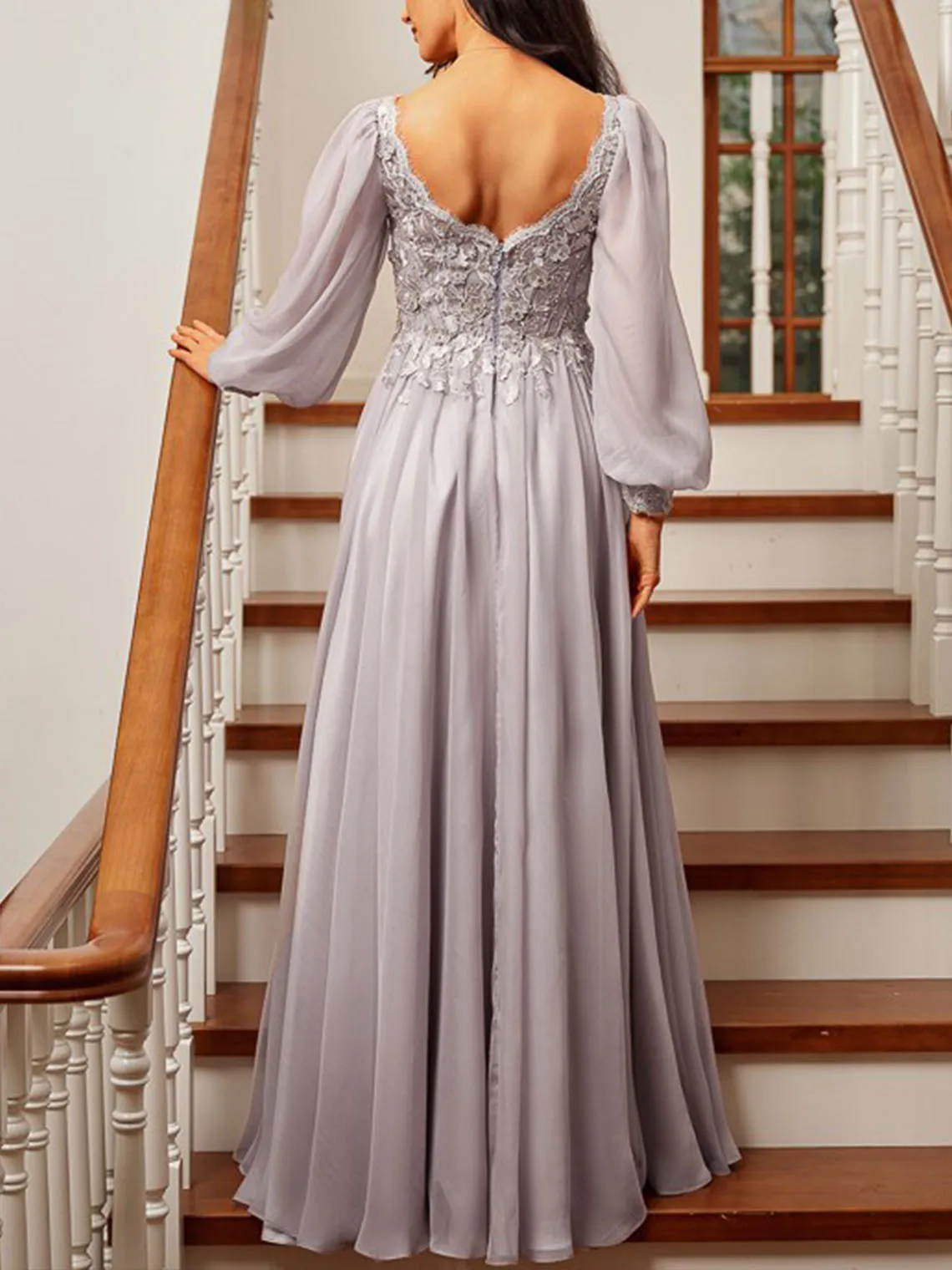 Elegant A-Line Formal Evening Dress Long Sleeve Chiffon V-Neck Floor-Length Applique Wedding Guest Dress 2025 free customized