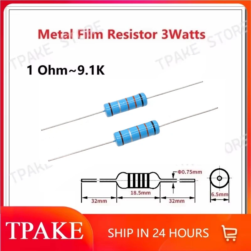 Metal Film Resistors  3W 1K 1M 1.2E 1R5 1E8 2.2ohm 2.4 2.7 3.3 3.6 3.9 4.3 4.7 5.1 5.6 6.2 6.8 7.5 8.2 9.1K Ohm