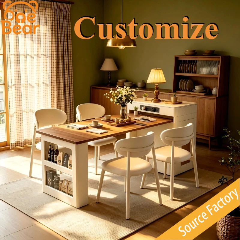Cream Style Extendable Solid Wood Dining Table with Storage, Multifunctional Kitchen Island for Small Apartment Dining Room