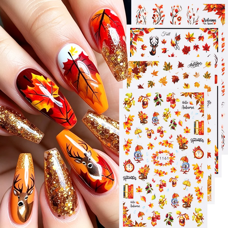 4pcs Autumn Maple Leaves Nail Art Stickers Yellow Red Fallen Leaves Cute Birds Deer  Patterns for Thanksgiving Nail Decoration