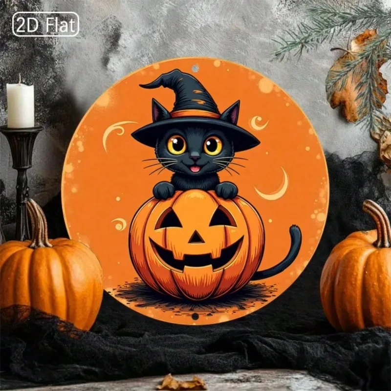 1 шт. 8x8 дюймов 2D плоский круглый металлический знак на Хэллоуин — черный кот в шляпе ведьмы на тыкве, оранжевый фон с пузырьками, легко повесить
