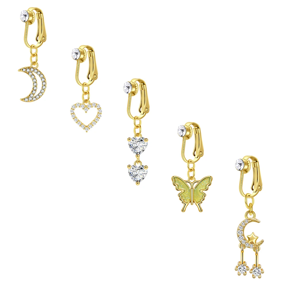 5Pcs Faux Belly Ring Butterfly Fake Belly Piercing Clip on Umbilical Navel Belly Button Cartilage Ear Clip Earrings Jewelry Gift