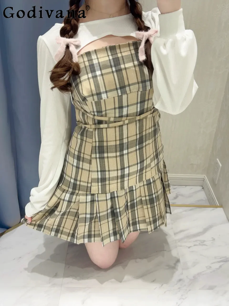 

Spring New Japanese Style Women's Plaid Dress Smock 2-piece Set Girl's Sweet Elegant Casual Dress Set Women's Matching Sets