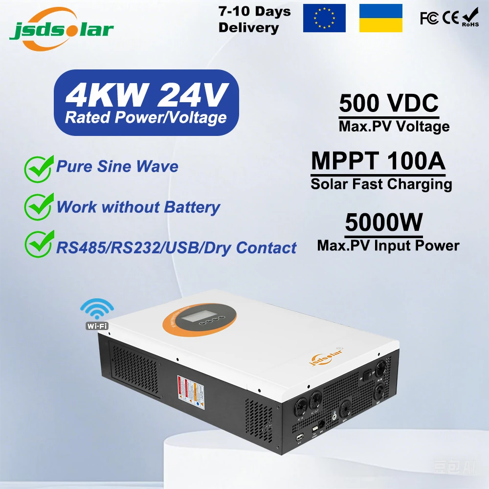 Inwerter solarny hybrydowy 4KW ON/OFF Grid Inversor 24V 220V Czysta Sinusoida MPPT 100A System Ładowania Solarnego Moc 5000W BMS PV 500VDC