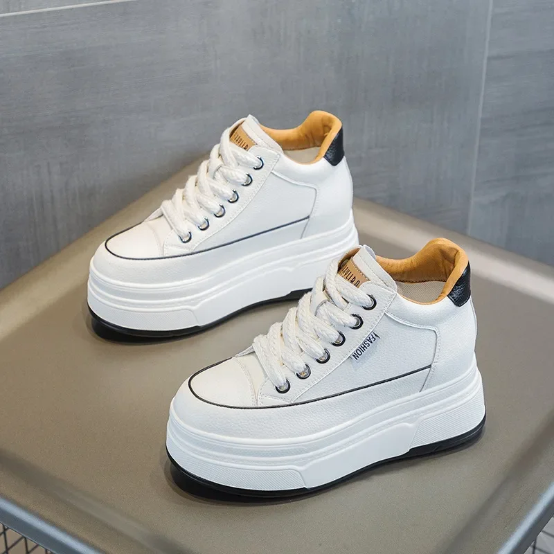 9CM Cow Suede Genuine Leather Women Vulcanized Shoes Platform Wedge High Top Skate Boarding High Brand Heels Casual Stable Shoes view 5