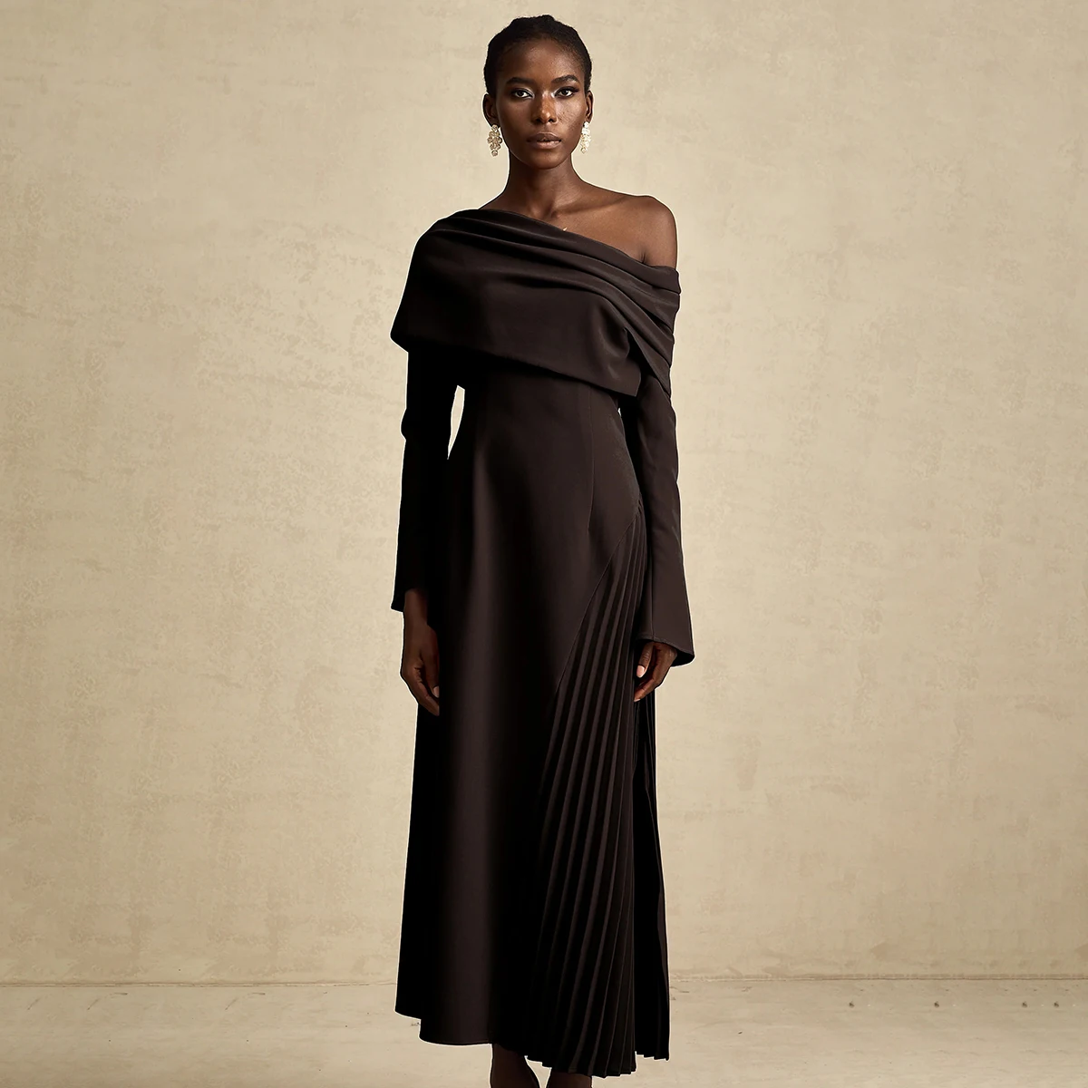 Bjtz 2026 primavera outono novo feminino marrom gola alta em camadas plissado vestido de babados primavera verão casual praia festa elegante