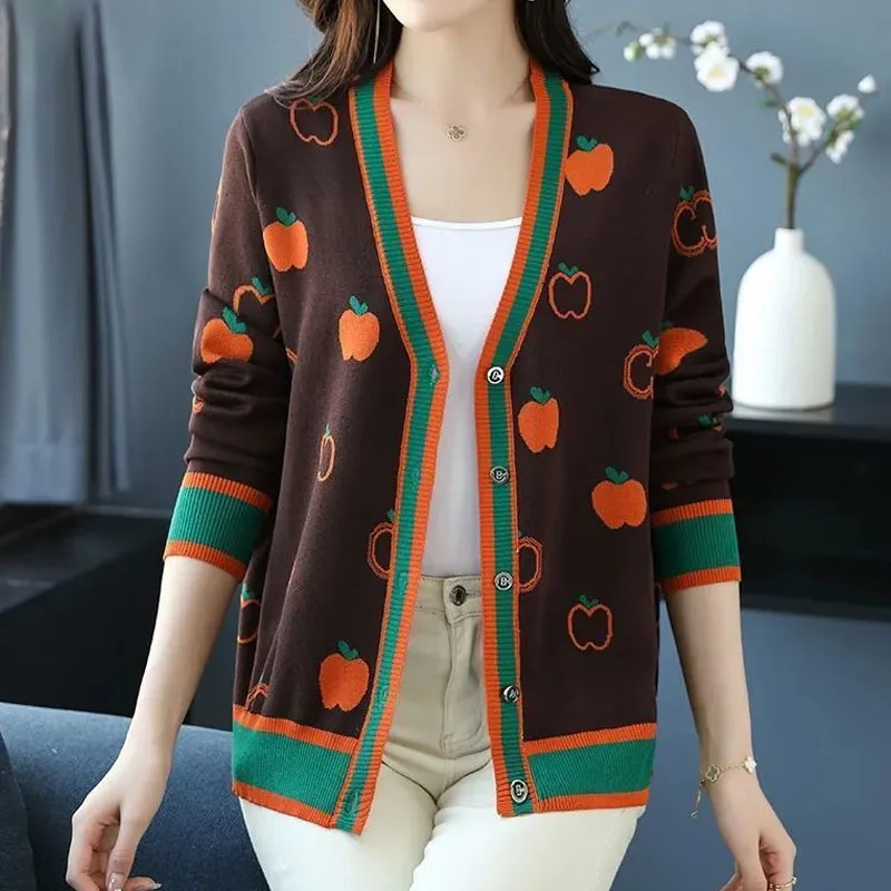 Female Fashion Korean Contrast Color Sweaters Cardigan Autumn Winter Women\'s Clothing Trendy V-Neck Single-breasted Knitted Coat