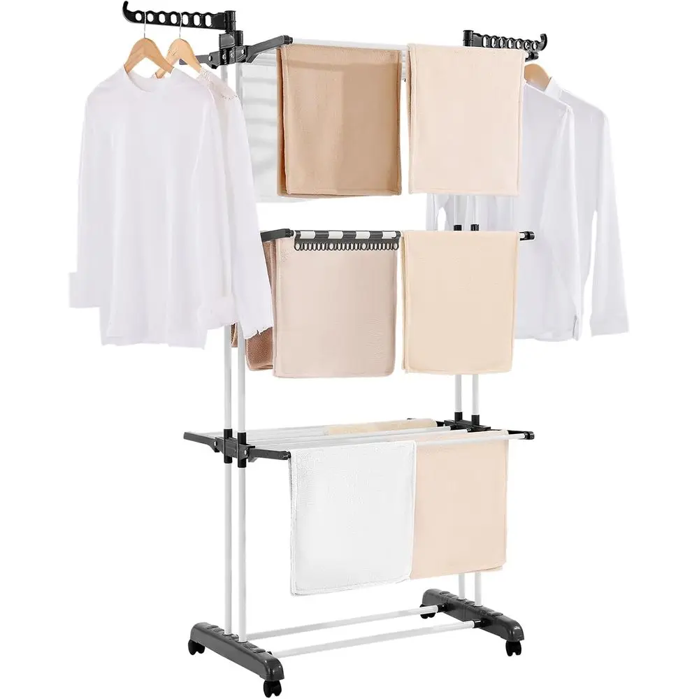 

4-Tier Foldable Laundry Dryer Rack with 24 Drying Rods, Portable Hanger with 4 Castors and Side Wings for Outdoor & Indoor Use